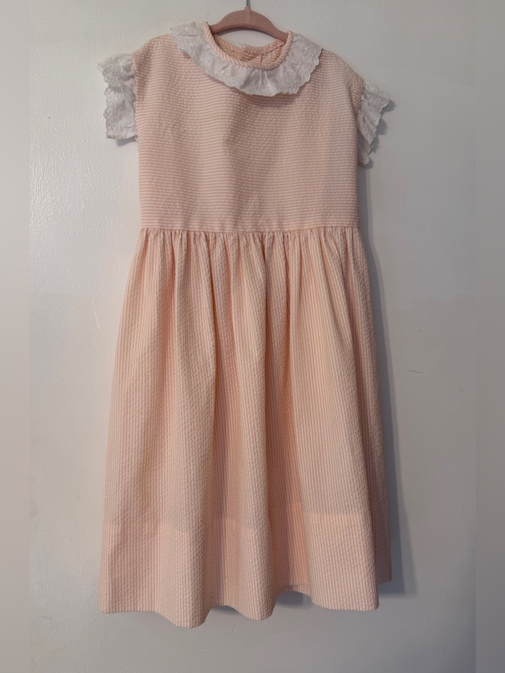Back to School Girls' Peach Searsucker Peachy Pink Dress with Eyelet Lace Collar